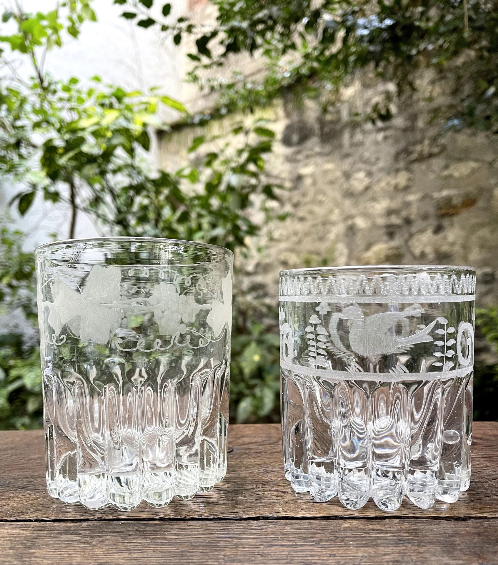 Null Two engraved glass goblets, one monogrammed and the other decorated with gr&hellip;