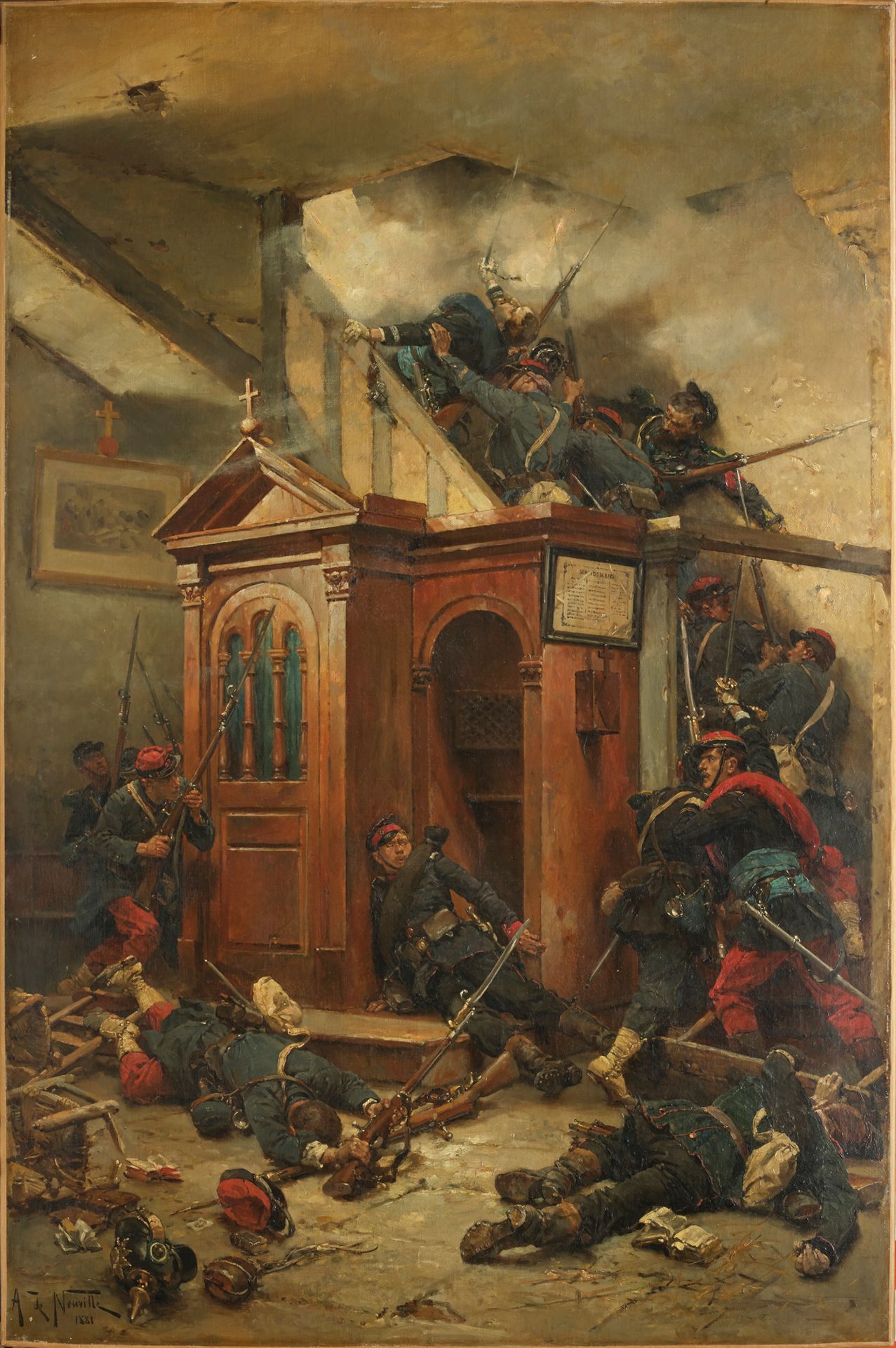 Alphonse de NEUVILLE (1835-1885) 
"步兵在教堂的攻击，1870年的战争

大型布面油画，左下方有签名和日期 "1881"。

&hellip;