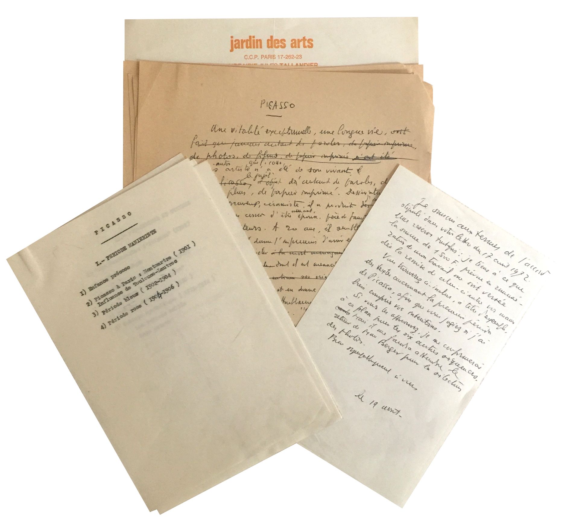 (PICASSO Pablo) ELGAR Frank 弗兰克-埃尔加为《艺术花园》杂志撰写的关于毕加索的文章草稿手稿。杂志的信，埃尔加的信，文章的切割图，3页&hellip;