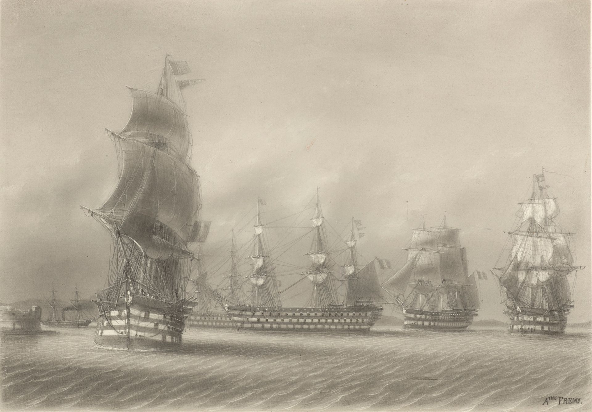Antoine FRÉMY(1816-1885) 土伦港的法国军舰之翼，土伦港
纸上石墨和粉笔高光，右下方签名 22.5 x 32 cm