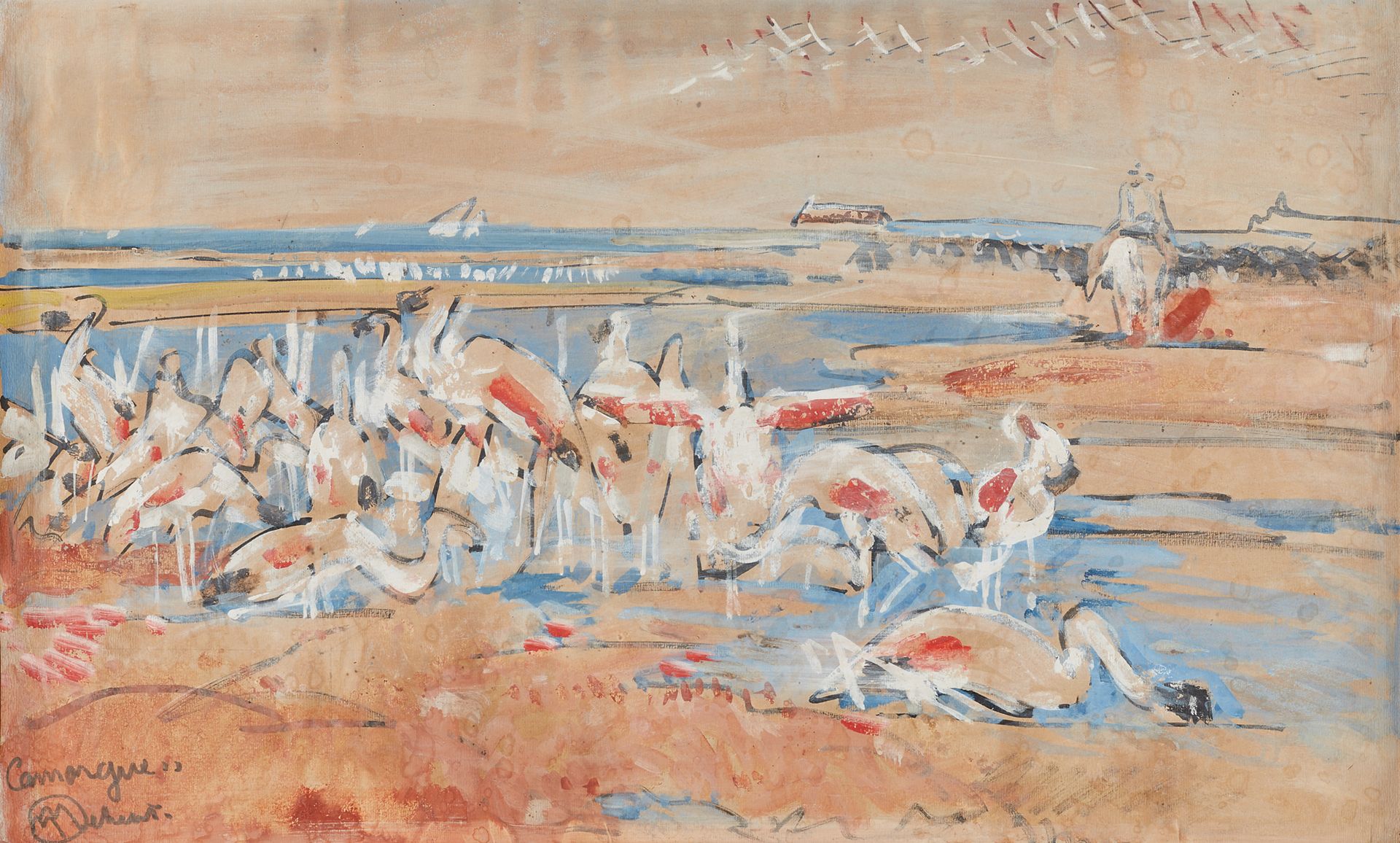 Mathurin MEHEUT (1882-1958) 
卡马格地区的粉红色火烈鸟

坚固的纸板上的水粉画，签名并位于左下方

39 x 63 cm

(潮湿和&hellip;