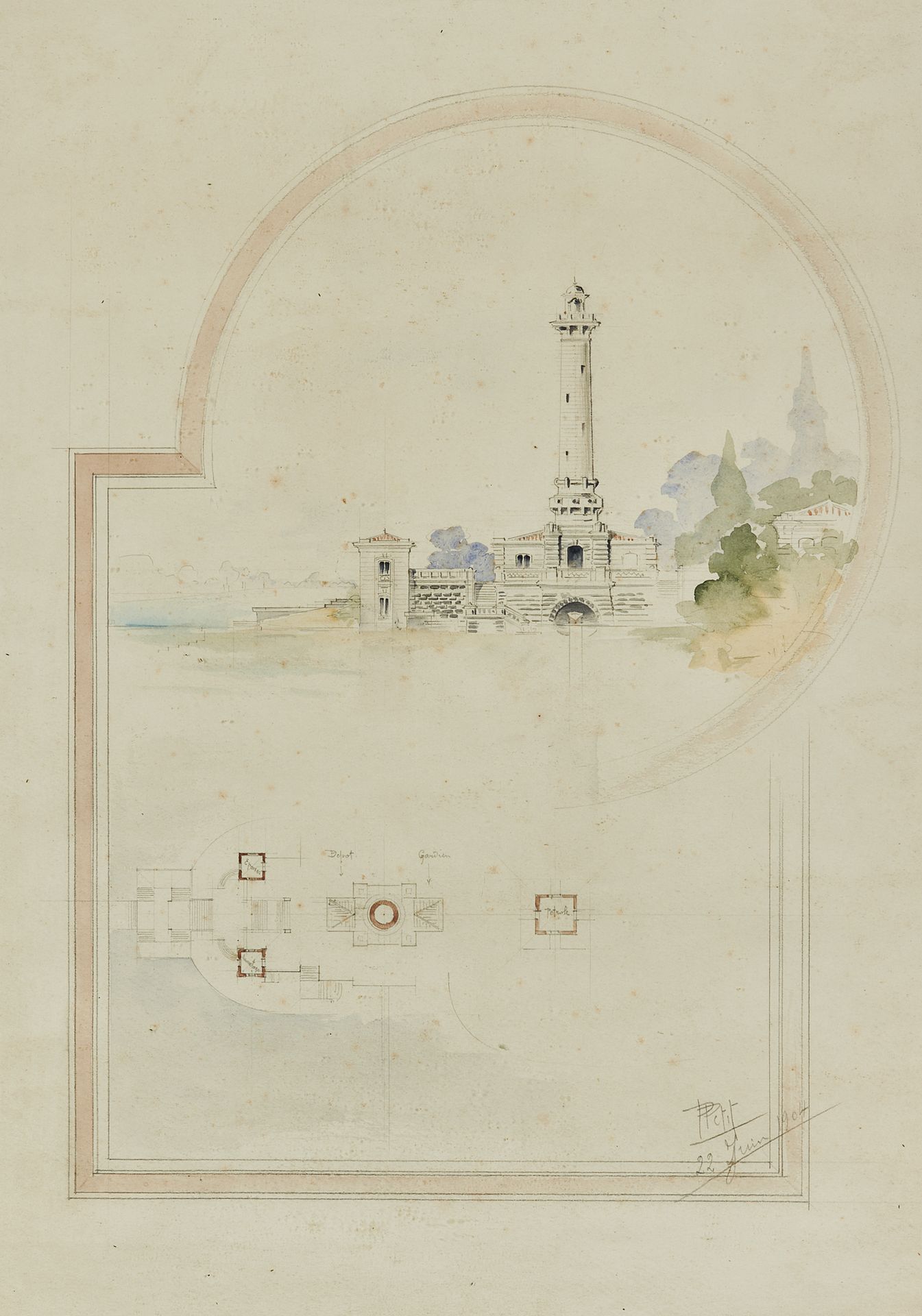 P. PETIT 一座陆地灯塔的视图及其内部平面图
纸上水彩画，右下方有签名，日期为1904年6月22日
55 x 37厘米