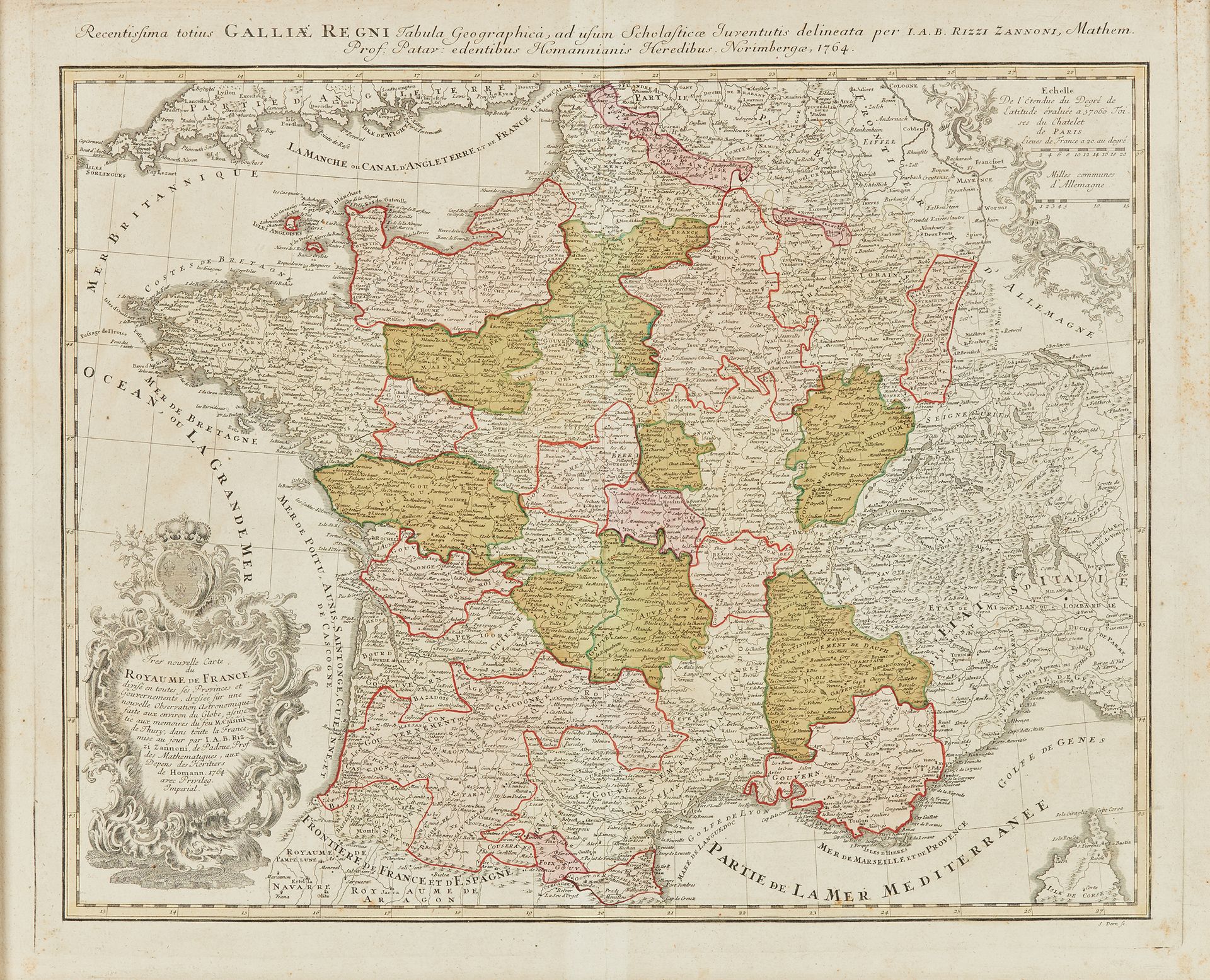 RIZZI ZANNONI 由霍曼继承人出资，划分为所有省份的法国地图。日期为1764年
48 x 56 cm