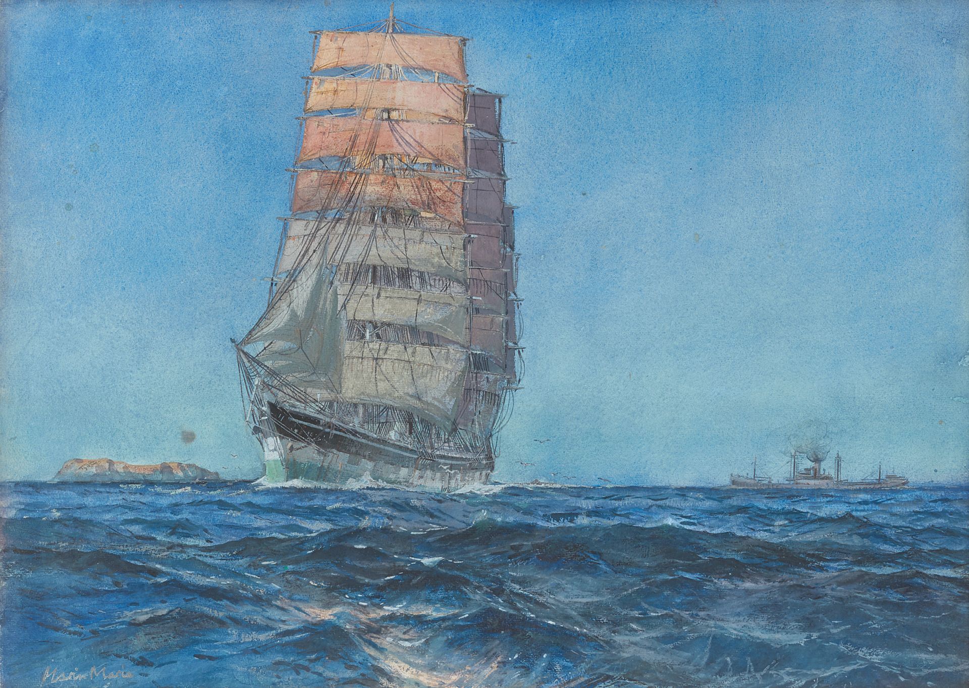 Paul Emmanuel DURAND COUPEL DE SAINT-FRONT (1901-1987) dit MARIN-MARIE 黄昏时分的三桅帆船&hellip;