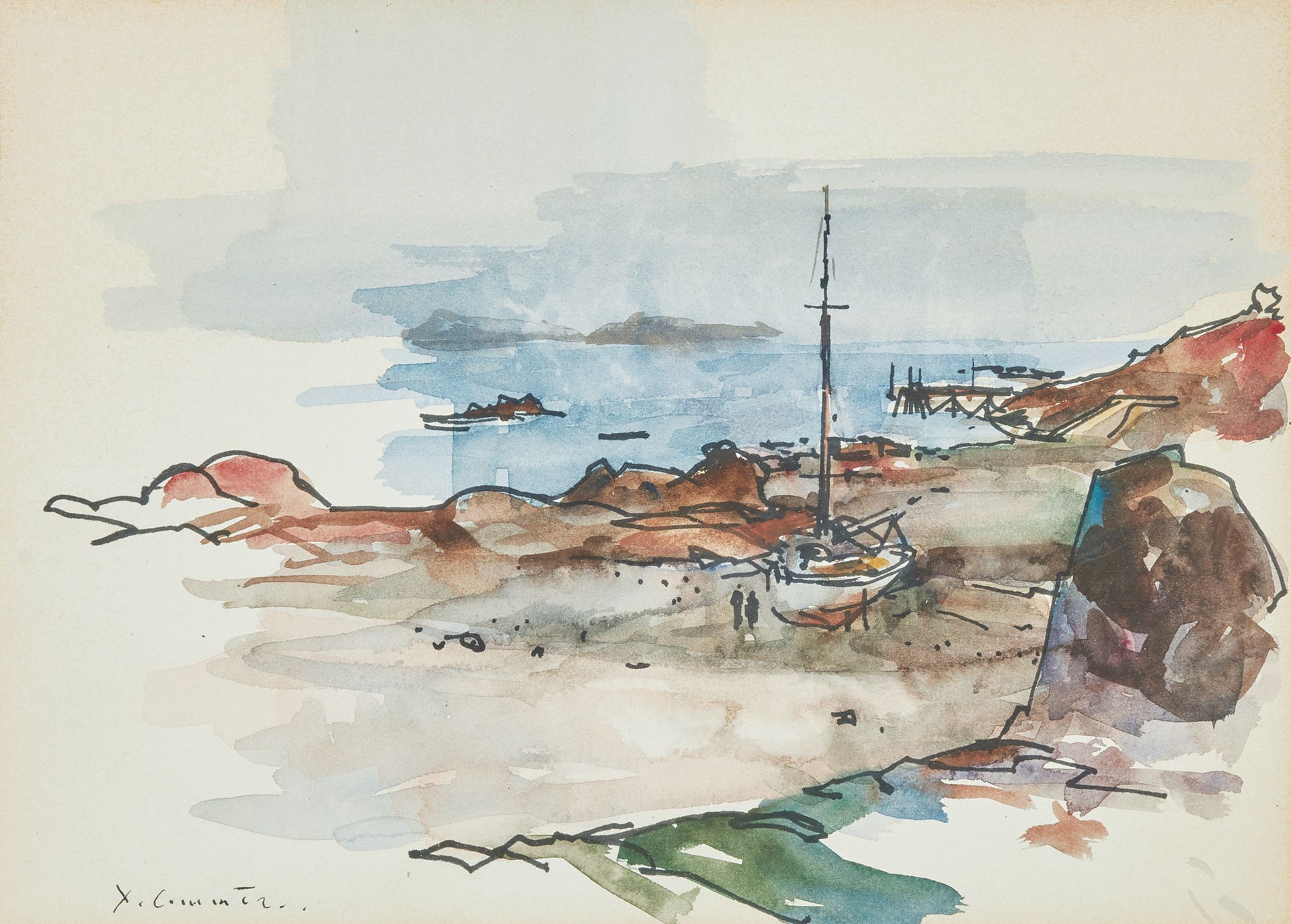 Xavier COMMERE (1958) 海湾中的船只
纸上水彩画，左下角签名 26.5 x 36 cm