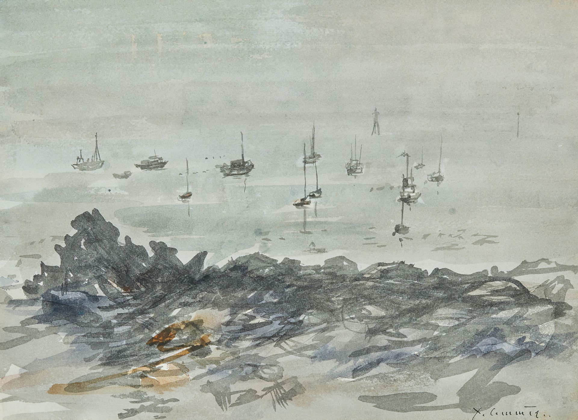 Xavier COMMERE (1958) 岸上的船只
纸上水彩画，右下角有签名
26 x 36,5 cm