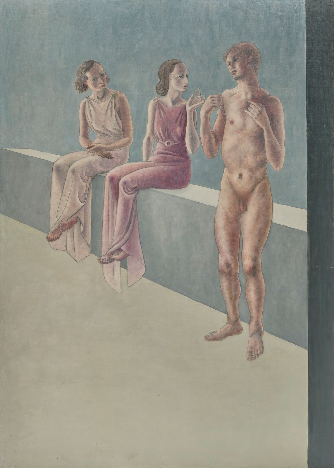 MARC DU PLANTIER (1901-1975) 两个穿着衣服的女人和一个裸体的男人
粘贴在画布上的混合技术
无签名
211 x 151 cm
出处：
&hellip;