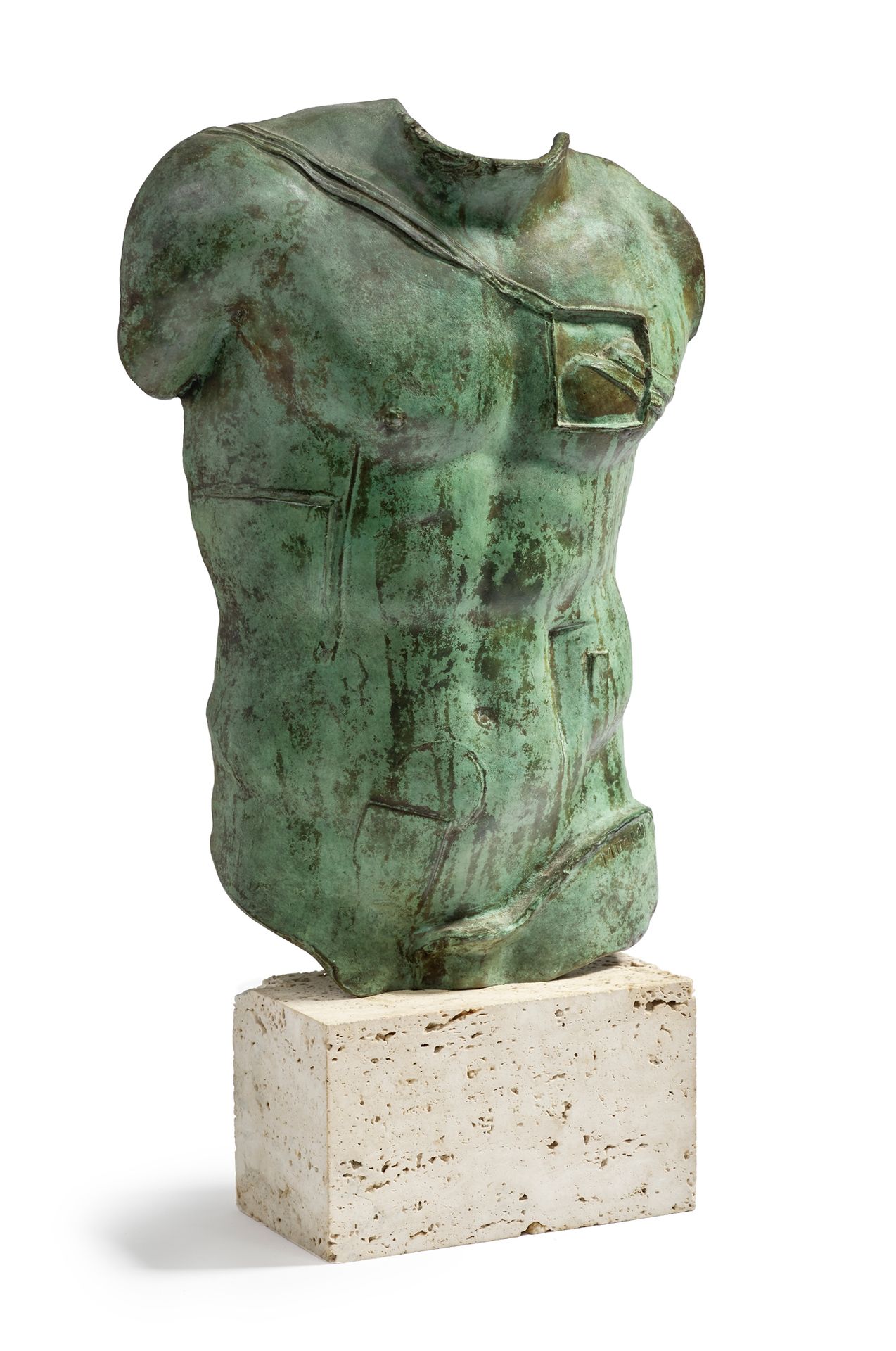 Igor MITORAJ (1944-2014) Perseus 
Green patina bronze print, travertine base
Sig&hellip;