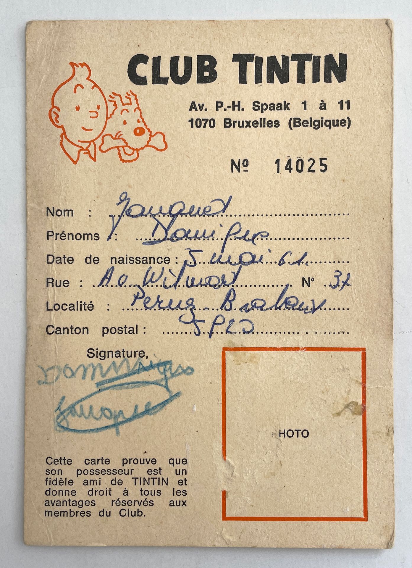 Null Tintin - Clubkarte: Mitgliedskarte des belgischen Tintin-Clubs (1971).