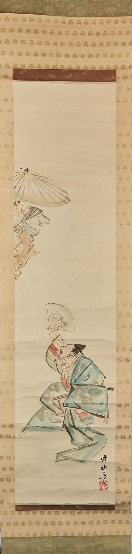 Kawanabe Kyosai (1831-1889) 纸上多色墨水，两个舞者。(污点、褶皱)。
签署了京赛。
尺寸118 x 28厘米。
被装在一个kakem&hellip;