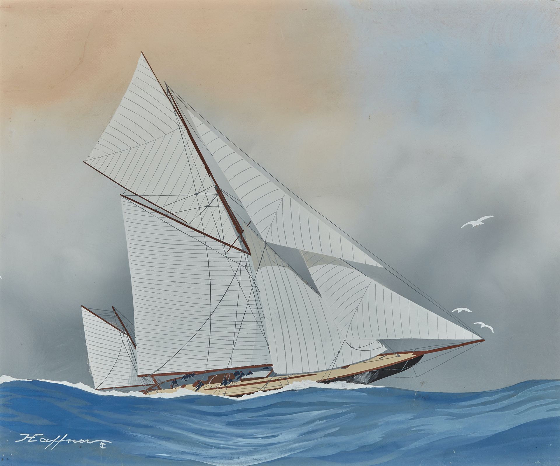 Léon HAFFNER (1881-1972) (nommé POM en avril 1918) 大型游艇在波涛汹涌的海面上竞赛
水粉画与模版
47 x 5&hellip;