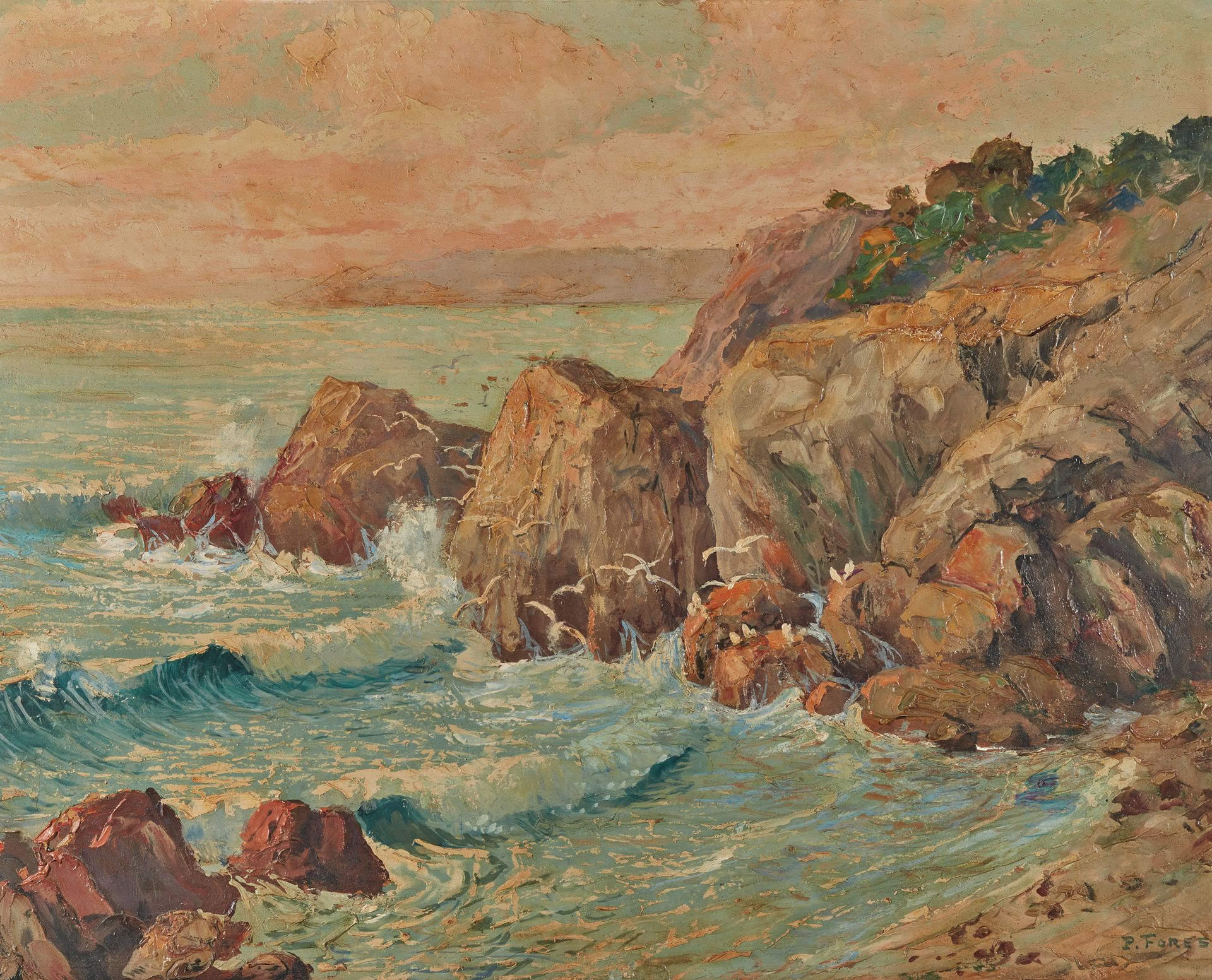 Pierre FOREST (1881-1971) 岩石海岸
板面油画，右下角有签名
62 x 75厘米