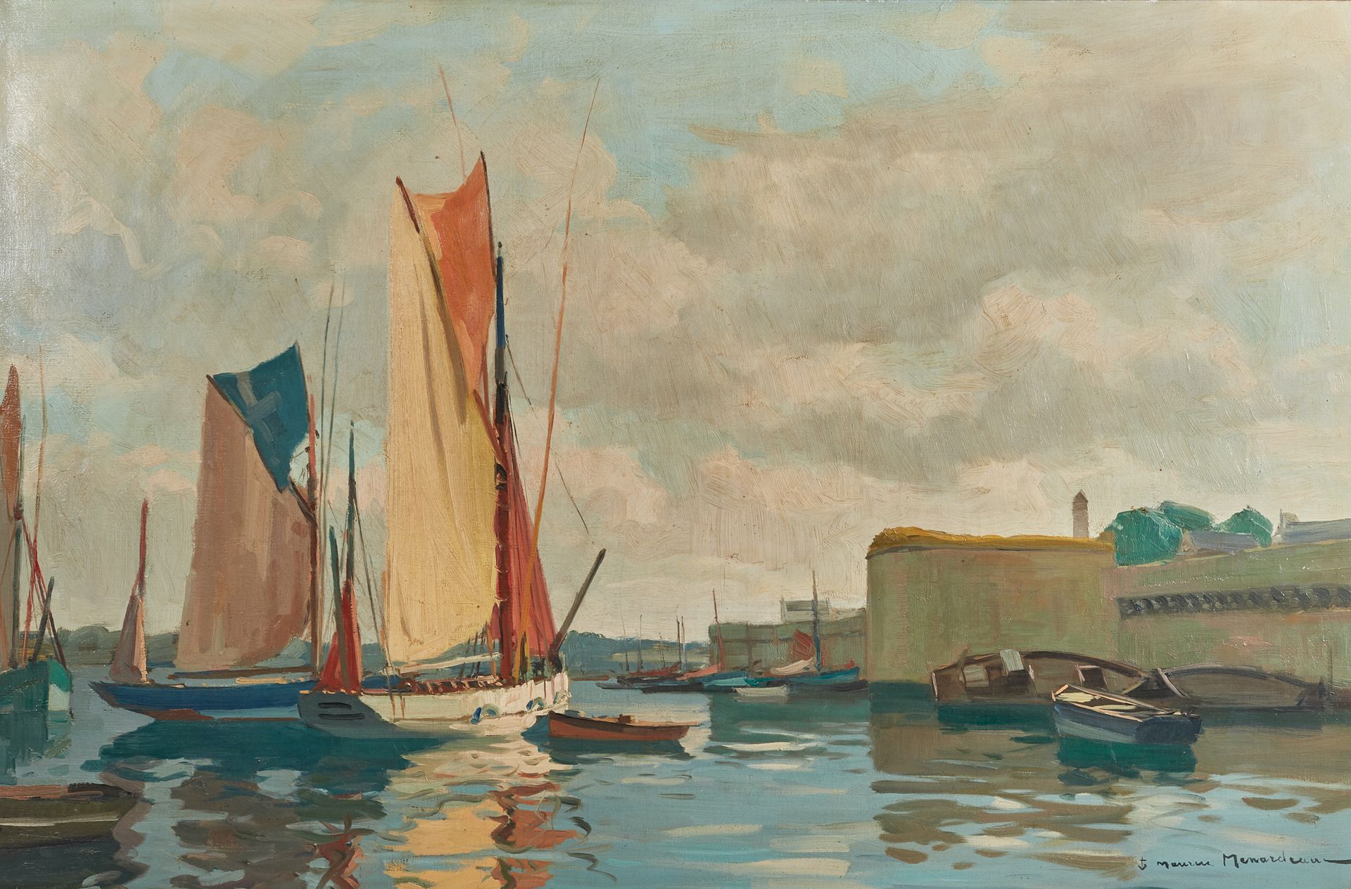 Maurice MENARDEAU (1897-1977), peintre de la marine 孔卡尔诺港口的船只
布面油画，右下角签有 "锚 "字样
&hellip;