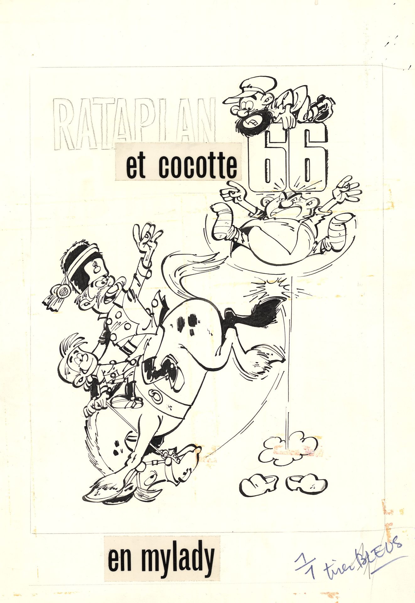 BERCK (1929-2020) Rataplan et cocotte 66
画册封面的印度墨水纸。25.5 x 19.3厘米。伦巴德，1968年。