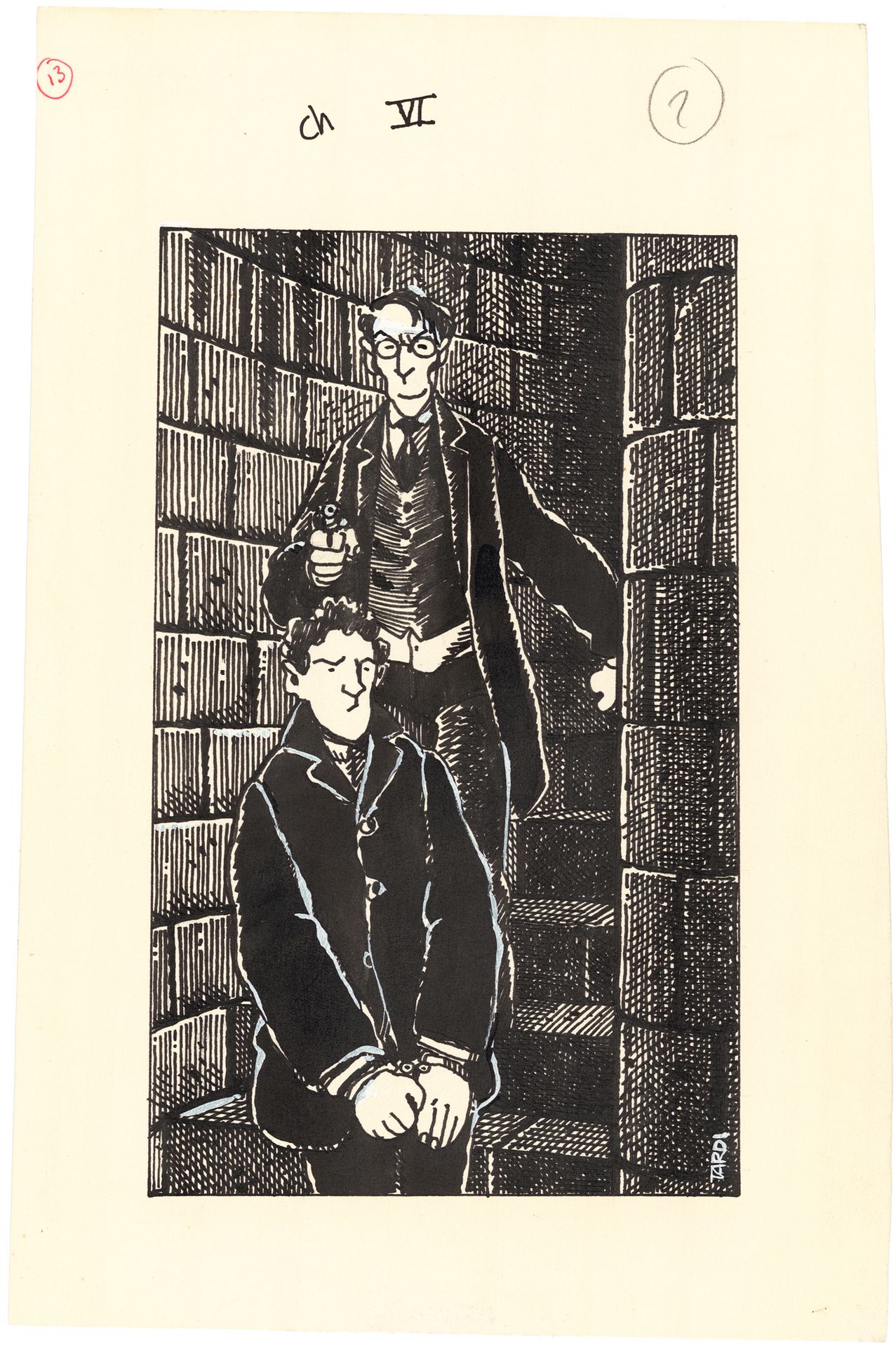 Jacques TARDI (né en 1946) * 波罗的海怪物
纸上印度墨水，为约翰-弗兰德斯（别名让-雷）的小说插图之一。右下方有签名，17.4x10&hellip;