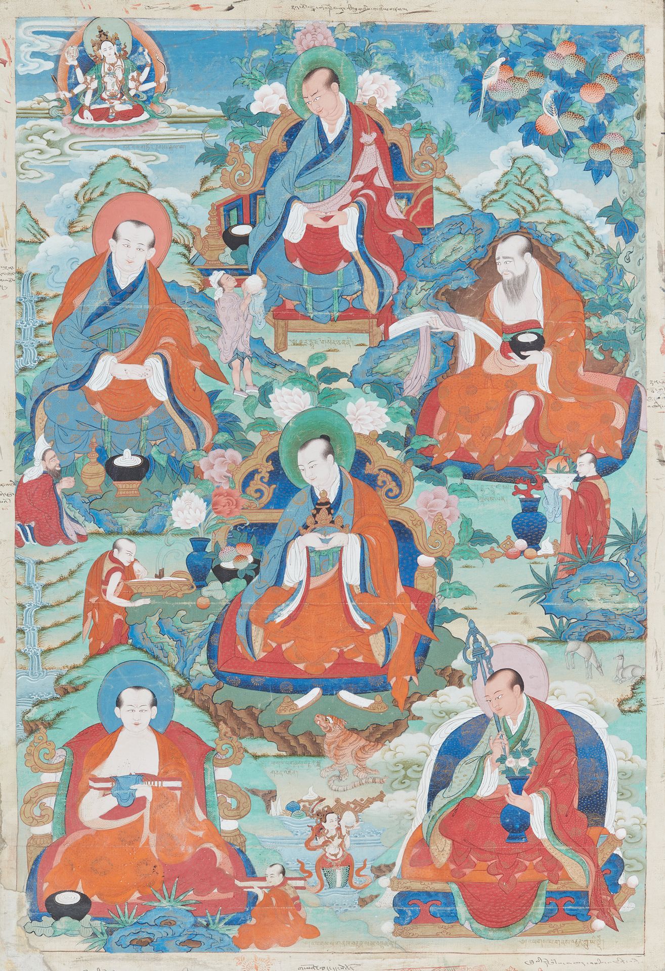 TIBET - Vers 1900 唐卡，画布上的钢笔画，描绘了六位阿罗汉（佛陀的弟子），包括中间戴着王冠的Rahula，拿着不朽之瓶和他的祭祀杖的Nagase&hellip;