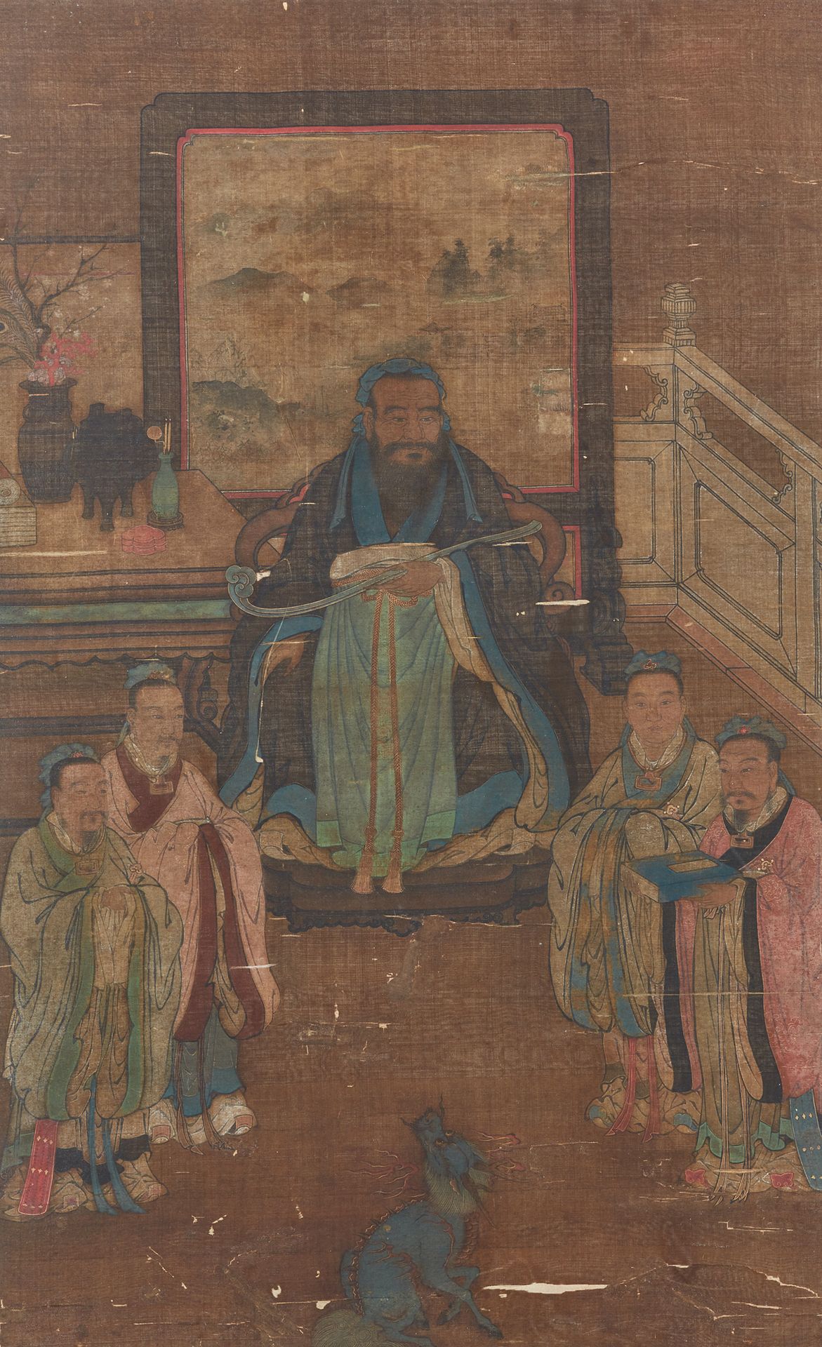 CHINE - Fin Dynastie MING (1368 - 1644) 绢本水墨画，描绘了孔子和他的四个学生在亭子里看着代表 "西施 "传说的麒麟。(缺&hellip;