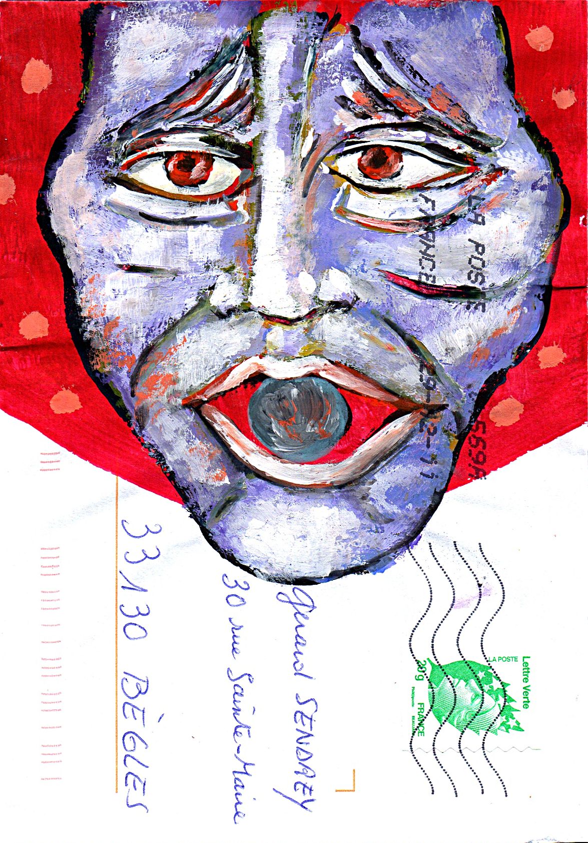 THUILLIER Jean-Luc 无题 / 邮件艺术信封 / 纸上混合媒体 / 背面签名 / 16 x 11.2 cm