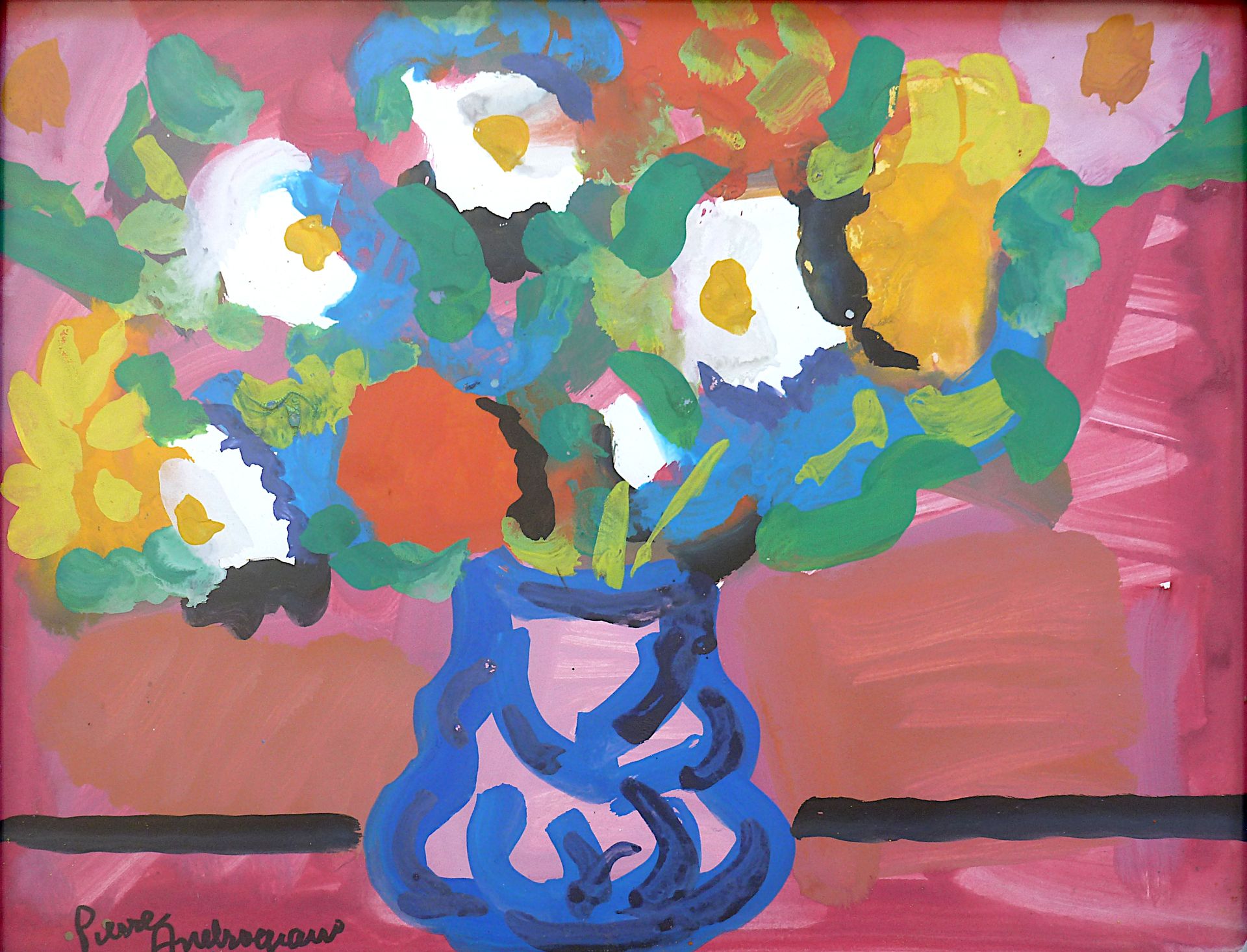 AMBROGIANI Pierre (1907-1985) Flowers in a blue pot / Gouache on paper / Signed &hellip;