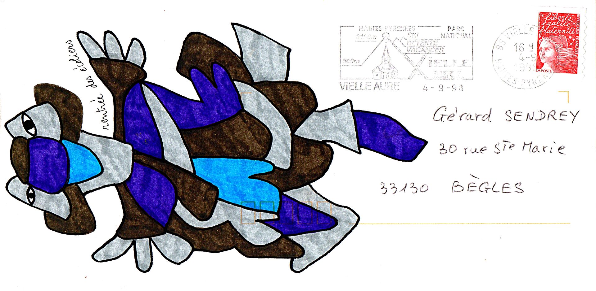 GOUX Claudine 回到学校/邮件艺术信封/纸上混合媒体/背面签名/22 x 11 cm