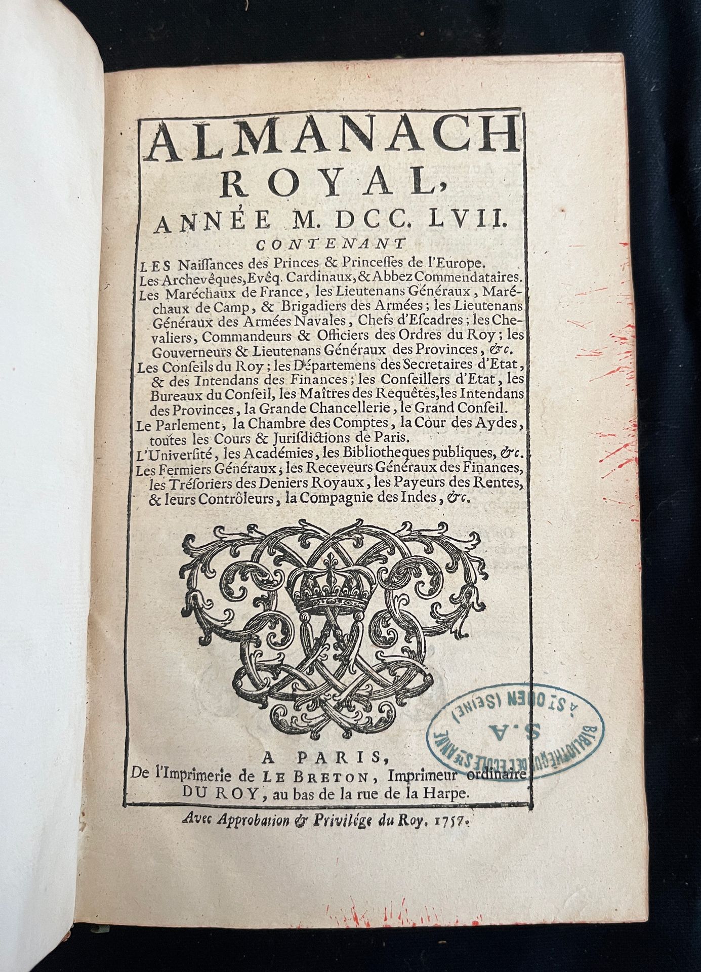 Null [ALMANACH]
Almanach royal pour l'an MDCCLVII. Paris, chez Le Breton rue de &hellip;