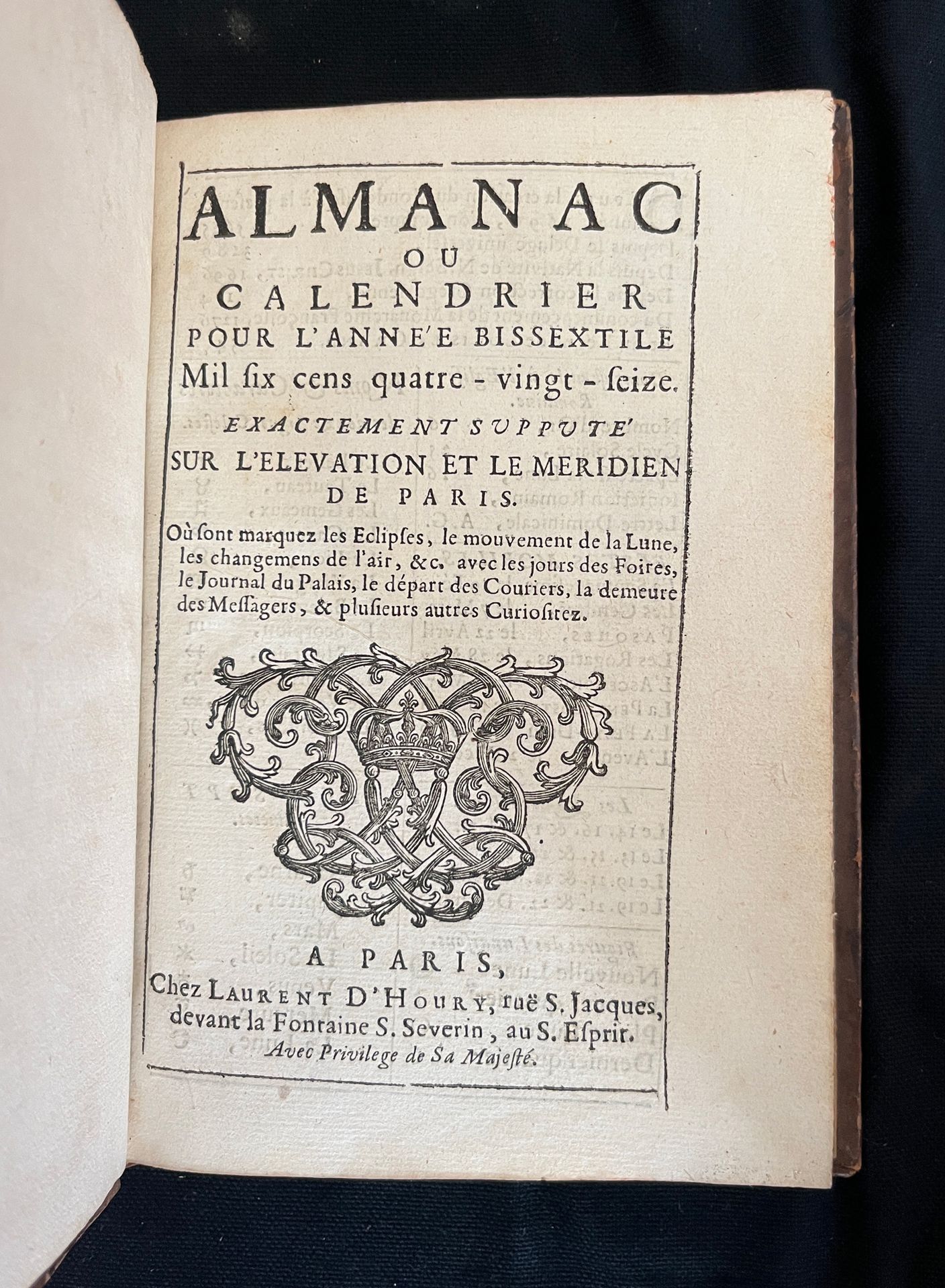Null [ALMANACH] or Calendar for the leap year 1696. Paris chez Laurent d'Houry r&hellip;