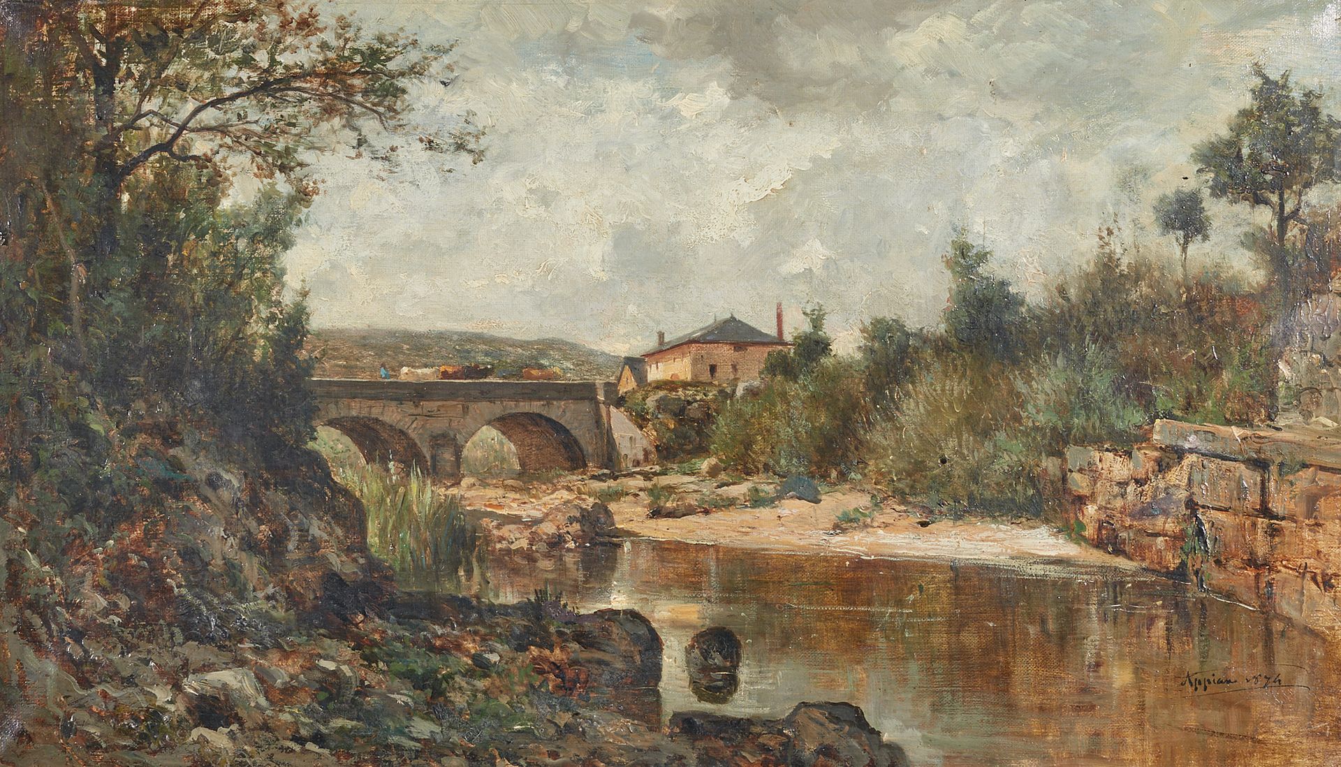Adolphe APPIAN (1818-1898) 村口的桥景，1874年
布面油画，右下方有签名和日期
40 x 69厘米，正在观看
