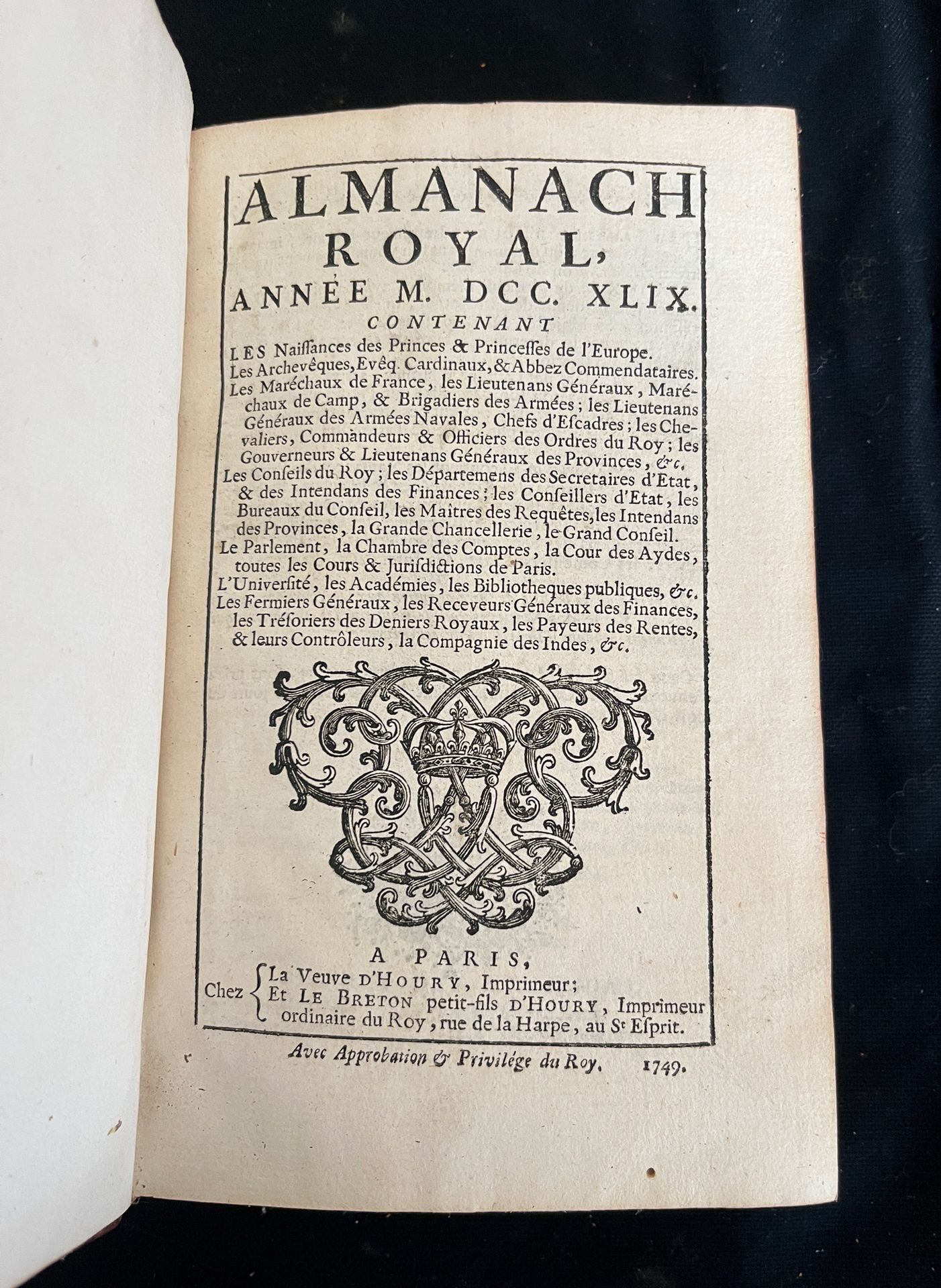 Null [ALMANACH]
Almanach royal pour l'an MDCCXLIX. Paris chez veuve d'Houry et l&hellip;