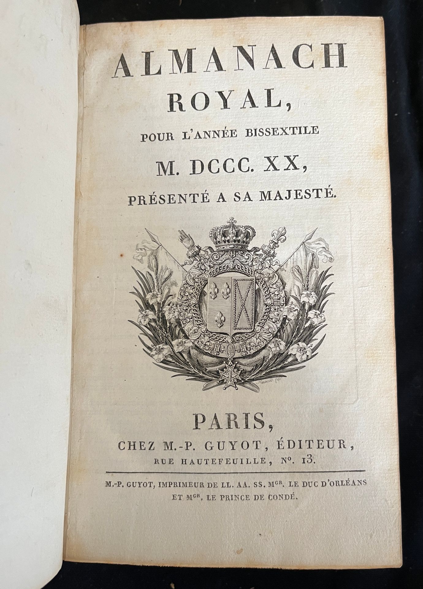 Null [ALMANACH]
1820年闰年的皇家年鉴。巴黎，Chez M.-P.Guyot rue Hautefeuille。8英寸全红摩洛哥堡，有框架的门&hellip;