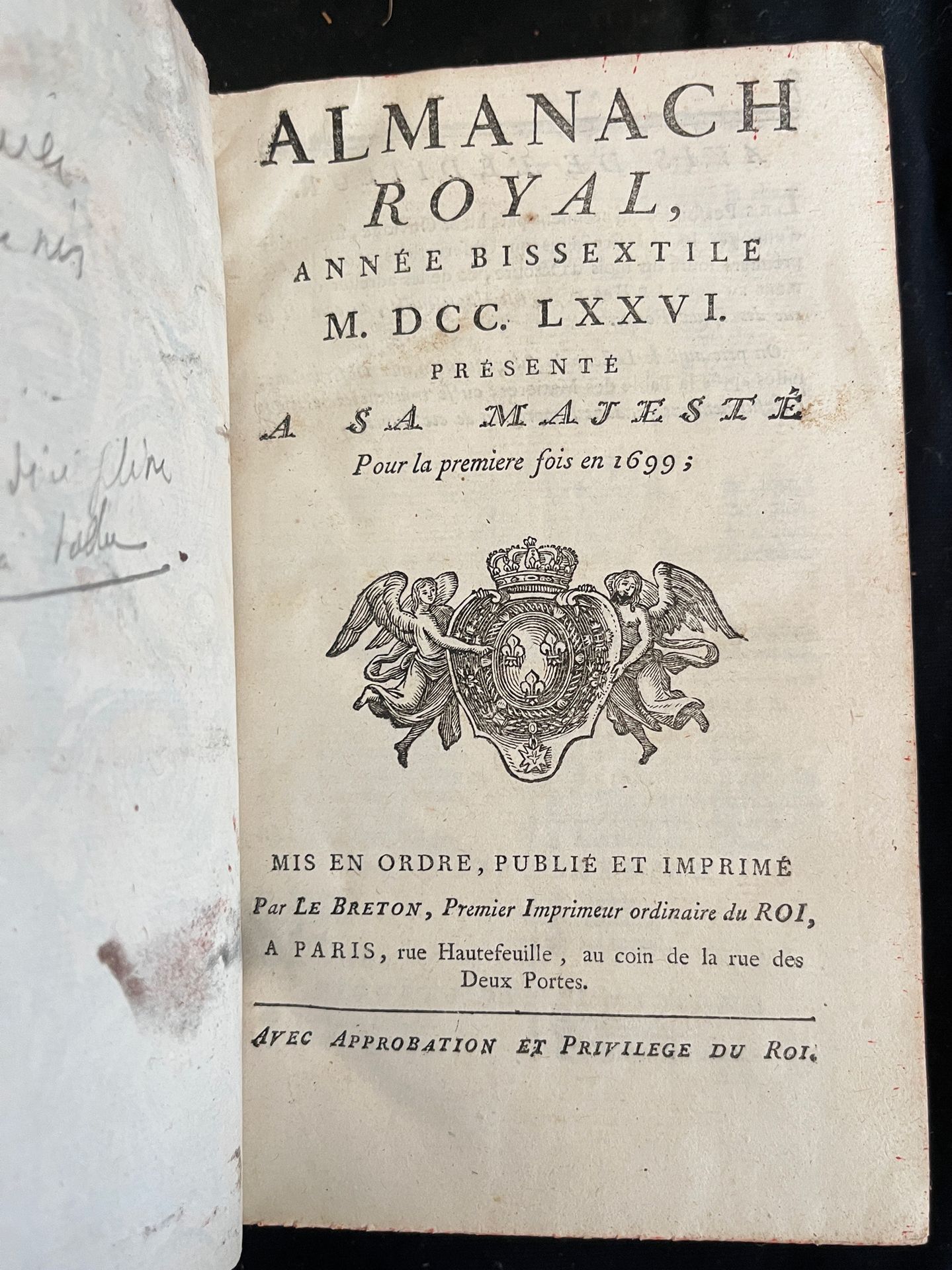 Null [ALMANACH]
Royal almanac for the leap year MDCCLXXVI. Paris, chez Le Breton&hellip;
