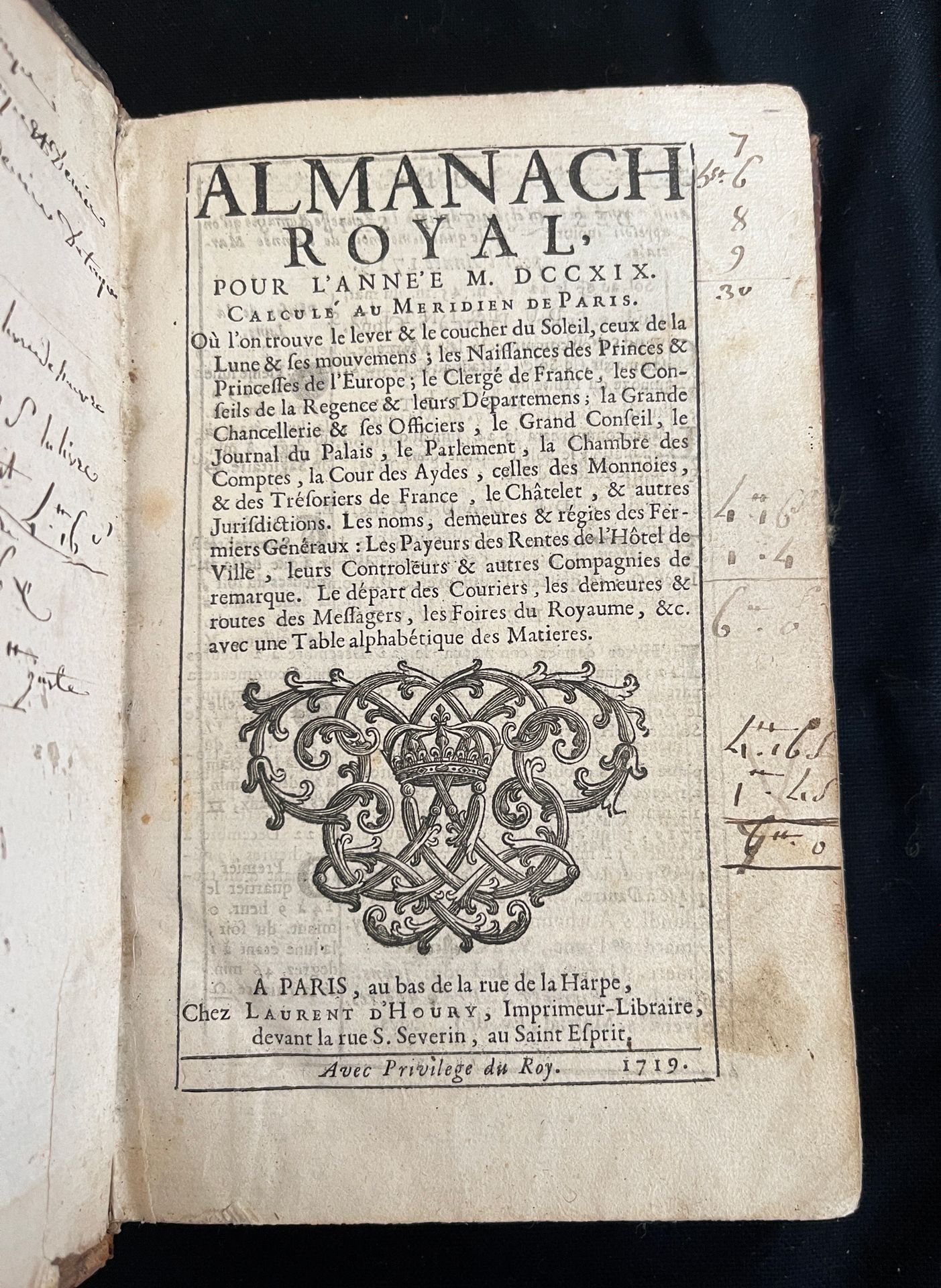 Null [ALMANACH]
Almanach royal pour l'an MDCCXIX. Paris chez d'Houry au Saint-Es&hellip;
