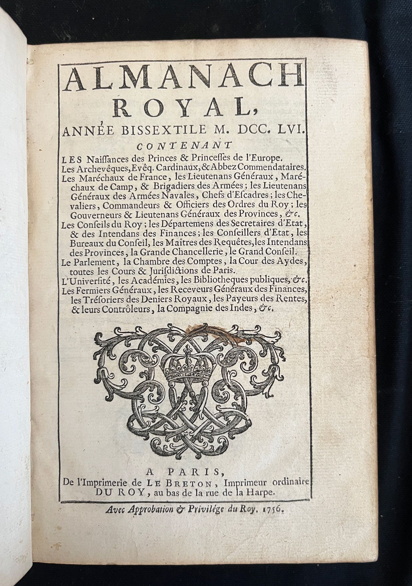 Null [ALMANACH]
Almanach royal pour l'an bissextile MDCCLVI. Paris, chez Le Bret&hellip;
