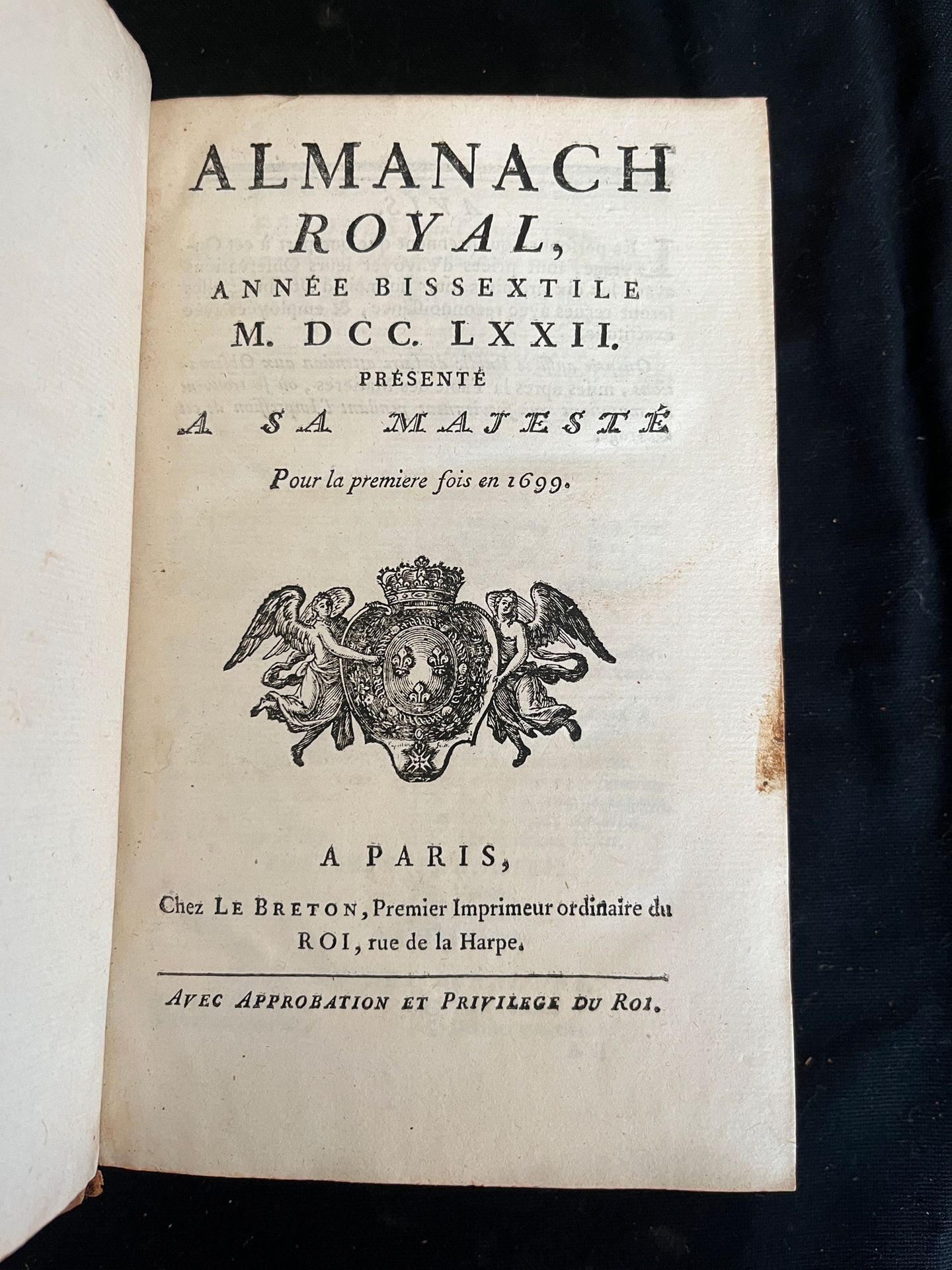 Null [ALMANACH]
Royal almanac for the leap year MDCCLXXII. Paris, chez Le Breton&hellip;
