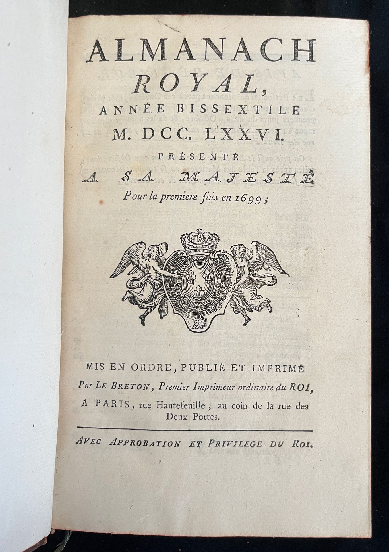 Null [ALMANACH]
Royal almanac for the leap year MDCCLXXVI. Paris, chez Le breton&hellip;