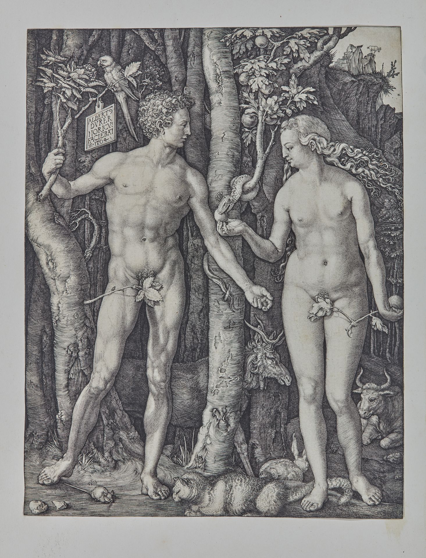 ALBRECHT DÜRER (1471-1528) 亚当和夏娃（或人类的堕落），1504年
錾花铜版画
248 x 191 mm
在方格线的边缘切出极好的样板&hellip;