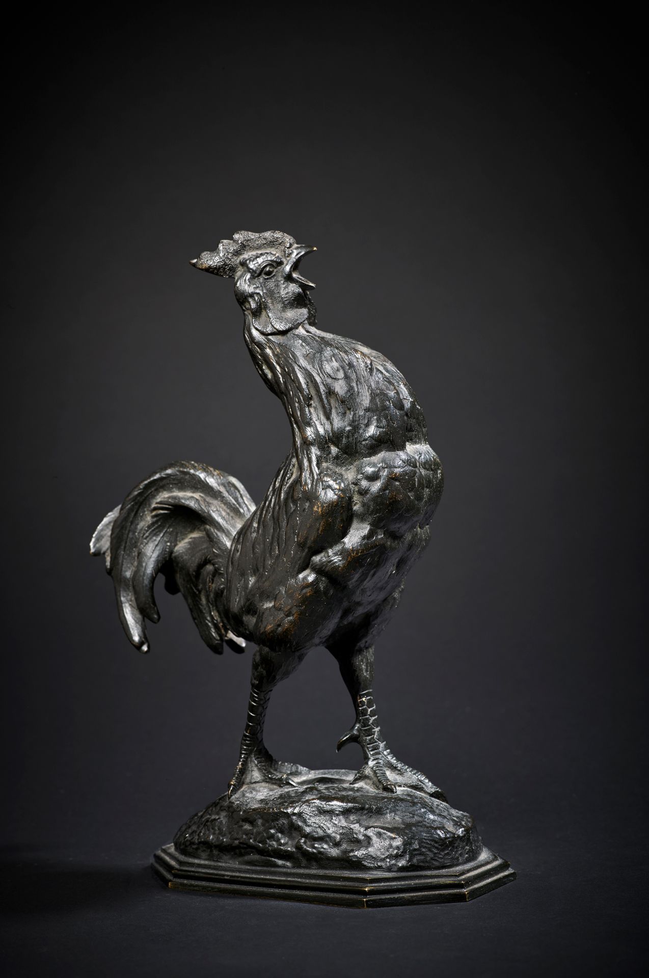 Antoine Louis BARYE (1796-1875) d'après 公鸡
绿色铜质证明，平台上有签名
H.19厘米