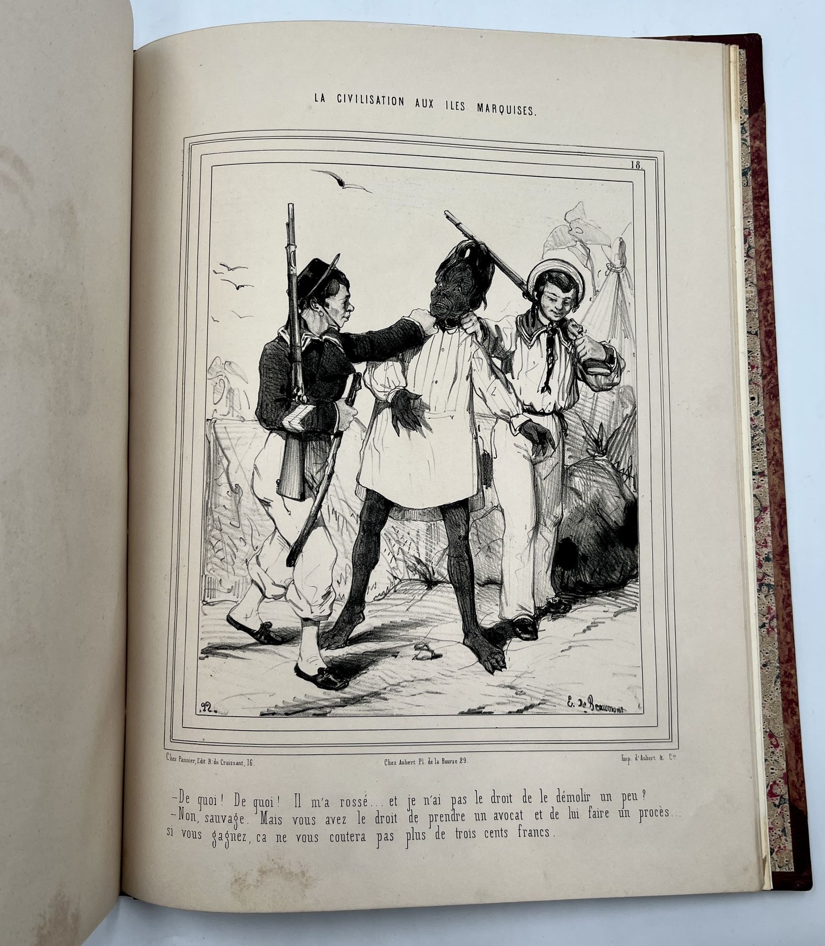 BEAUMONT, Édouard de 喜剧专辑 - 侯爵群岛的文明。巴黎，在《娱乐杂志》和《小杂志》的办公室，[1843]。小对开本(330 x 247 m&hellip;