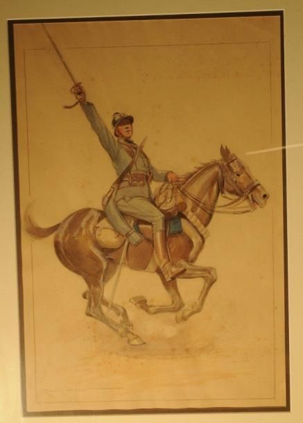 LAJOUX. (E.) Cavalier français chargeant sabre au clair vers 1916-1918. Aquarell&hellip;