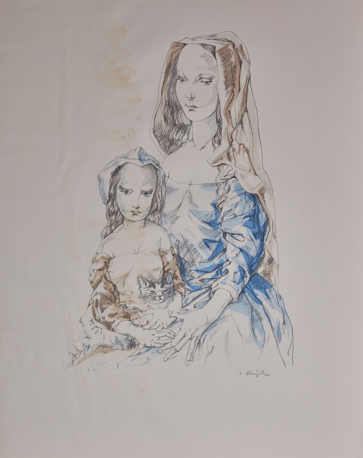 Tsuguharu FOUJITA (1886-1968) * 女人和孩子，1964 年
彩色石版画，用 Vélin d'Arches 纸印刷，限量 100 册&hellip;