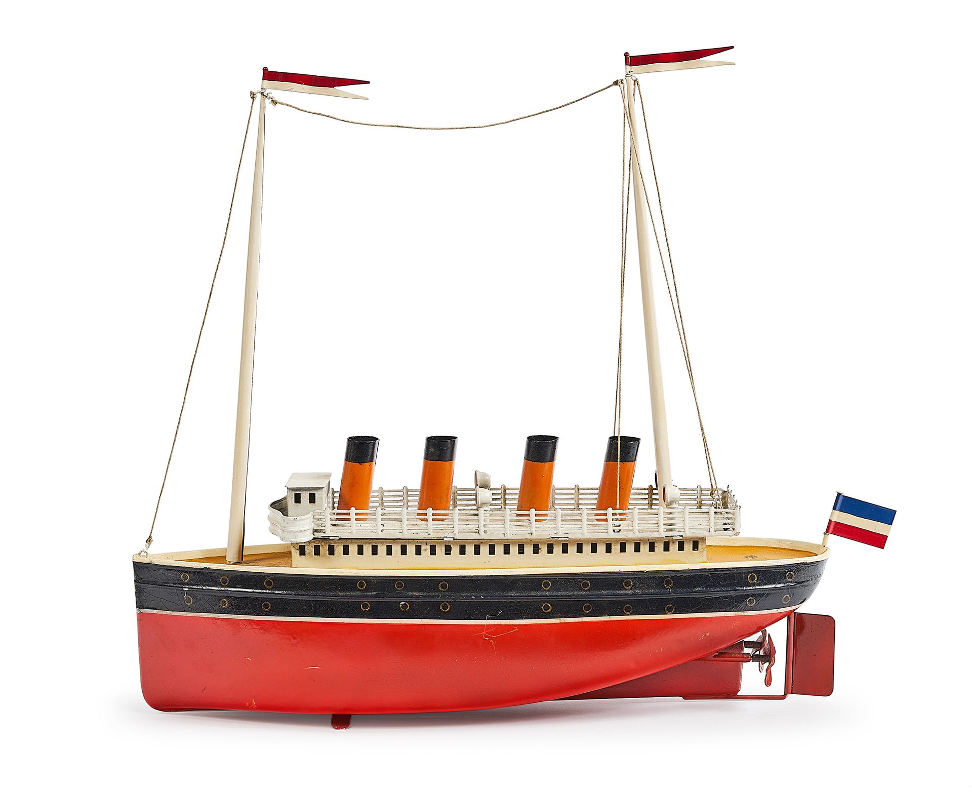 BING Painted iron model of a transatlantic liner with four smokestacks, complete&hellip;