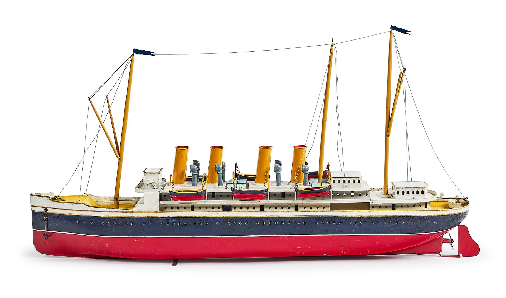 BING Painted iron model of a transatlantic liner with four smokestacks, complete&hellip;