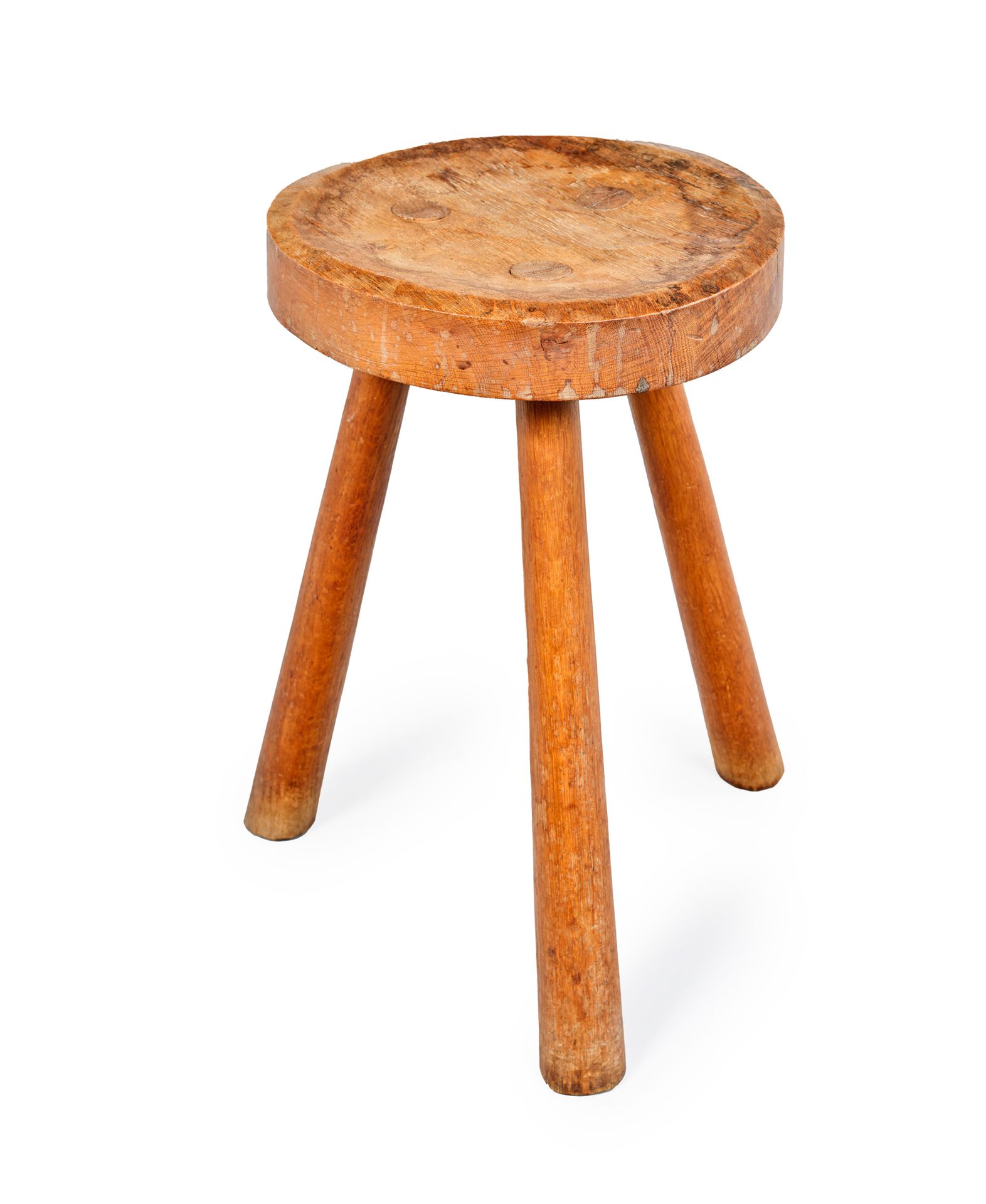 Atelier MAROLLES Carved oak tripod stool
Marolles" incised signature
Circa 1960
&hellip;