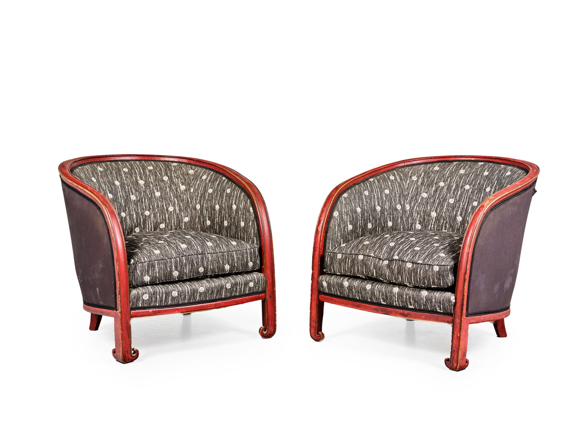 Atelier MARTINE Paul POIRET, attribué à Pair of red lacquered wood armchairs wit&hellip;