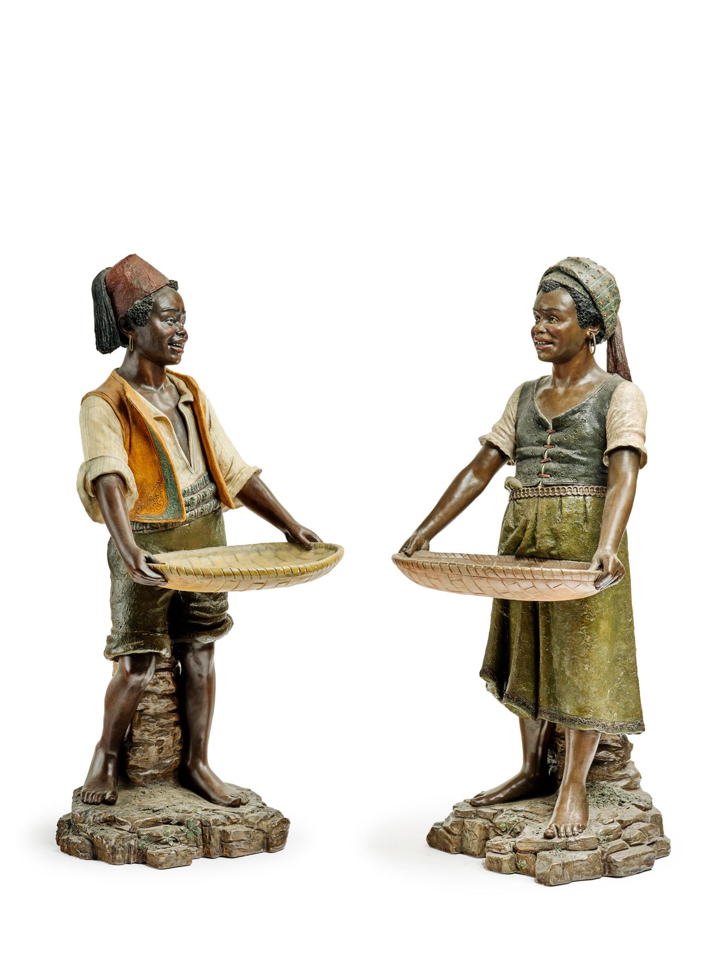 Bernard BLOCH (1836-1909) Paire de sculptures en terre cuite émaillée, socle en &hellip;