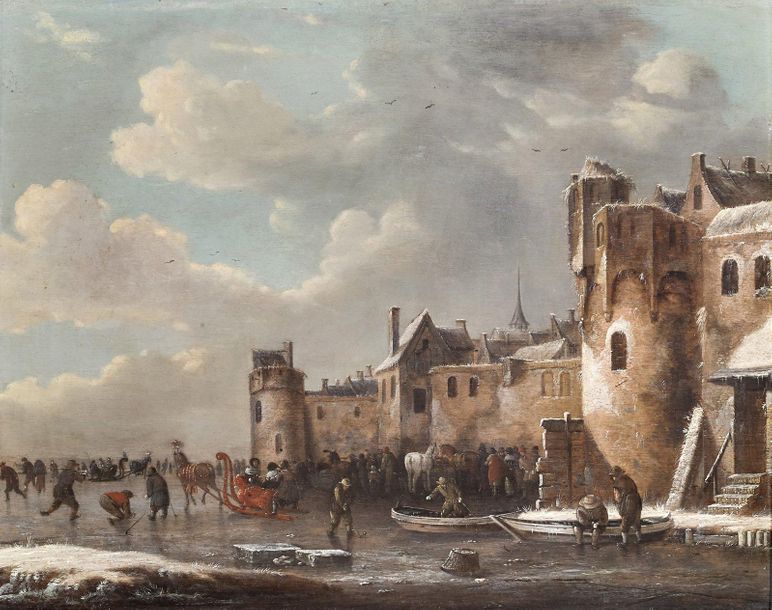 École HOLLANDAISE, fin XVIIeme siècle 
Paysage de rivière gelée près d'une forte&hellip;