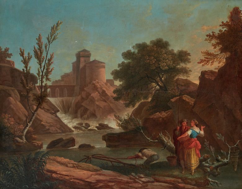 ECOLE FRANÇAISE, VERS 1790 Pêcheurs près d'une cascade
Toile
46,5 x 56 cm
Accide&hellip;