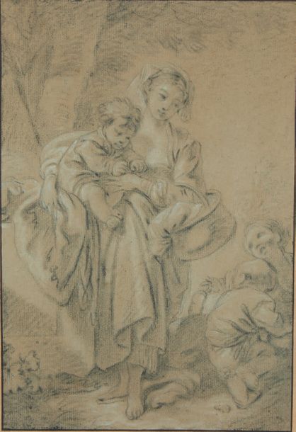 Atelier de François BOUCHER (Paris 1703-1770) Jeune paysanne portant un enfant e&hellip;