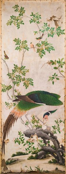 CHINE - FIN XVIIIE SIÈCLE 
Sept lés de papiers peint, représentant des oiseaux: &hellip;