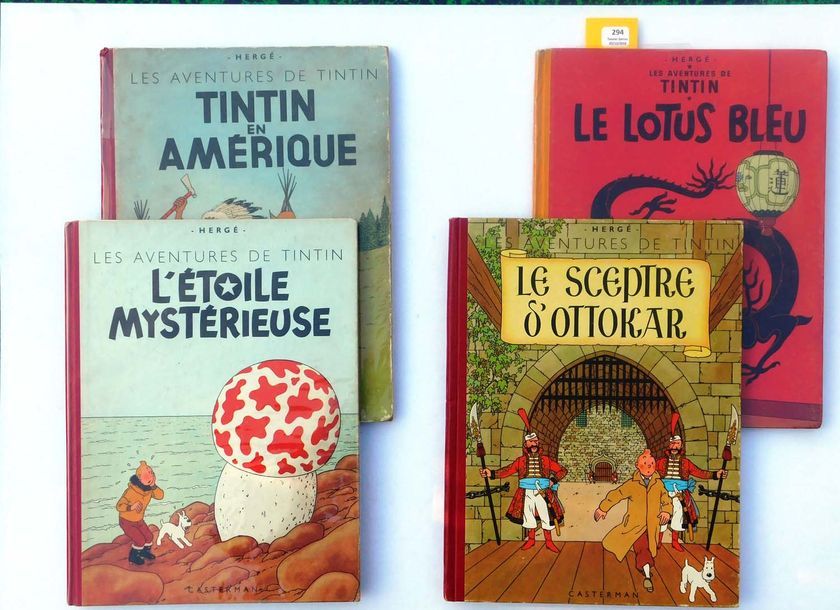 Null Tintin. 4 volumes. «Amérique» 1951, B5, dos rouge / «Lotus Bleu» 1954, B10,&hellip;