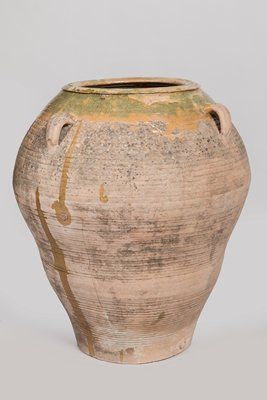 Null Large jar in partially glazed earth with 4 handles, (cracks) height 95 cm